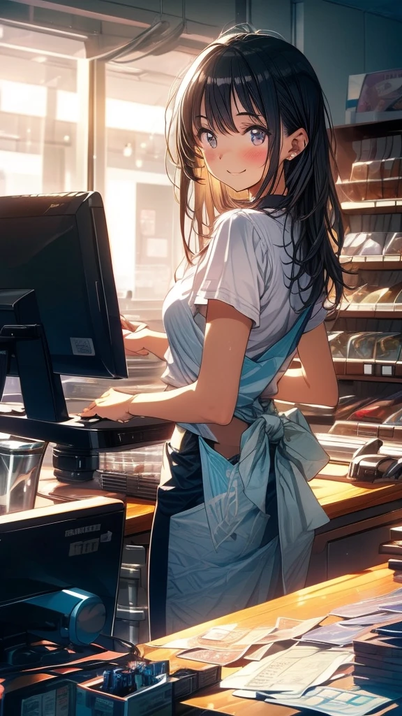 young woman,Facing forward,smile,((Standing inside the cash register)),Touching the cash register machine,Customer Service,((There is a cash register on the table)),(Scanning product barcodes at the cash register)),Supermarket clerk,Wearing an apron,((Working as a cashier)),((Cashier)),((cashier,register,)),((Receive money from customers)),There are products on the shelves,In the supermarket,Bright interior