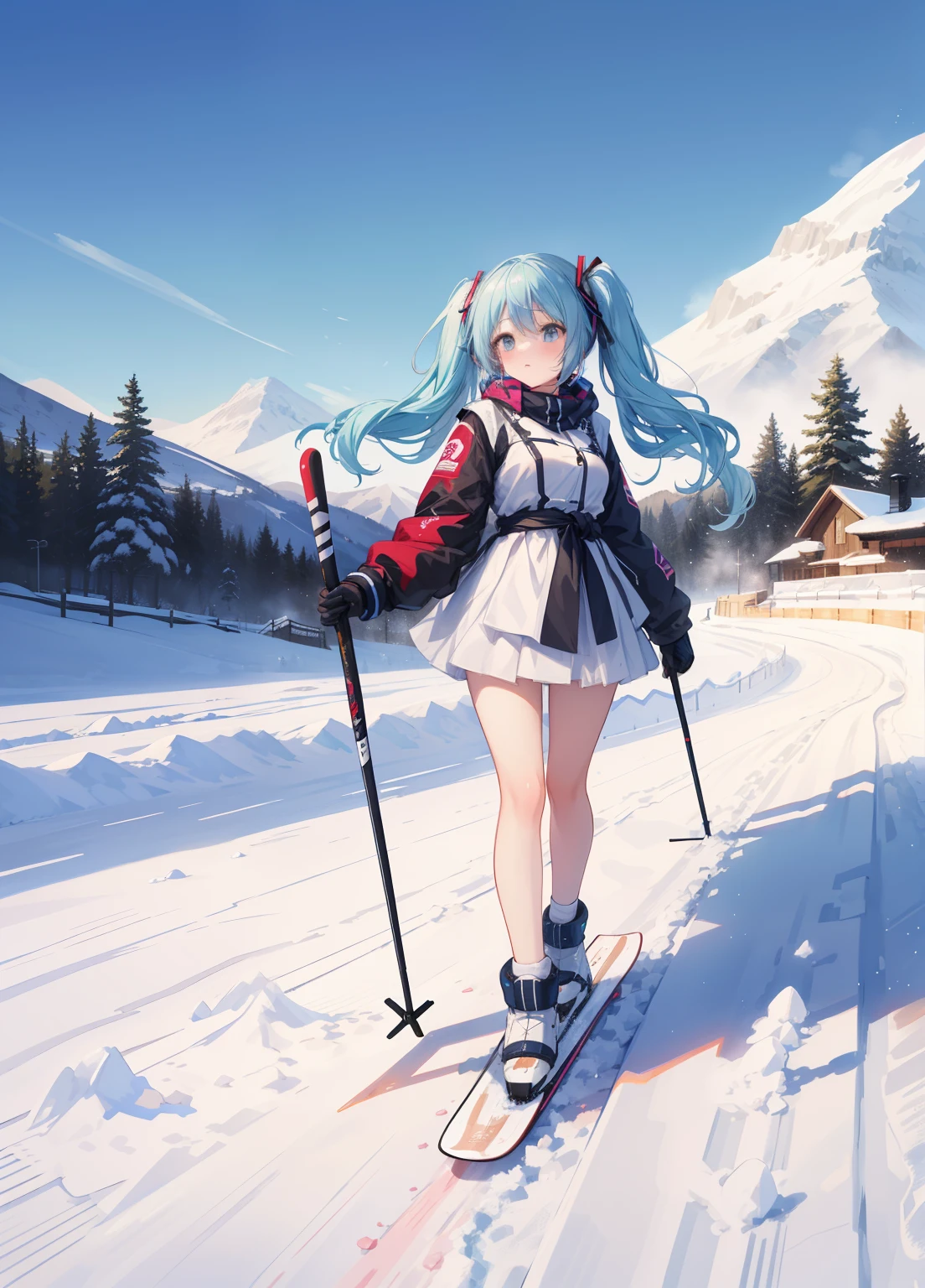 (masterpiece、Highest quality、Highest quality、Official Art、Beautiful and beautiful:1.2)、(One girl:1.3)Hatsune Miku、Twin tails,Beautiful breasts, Katsushika Hokusai,8k resolution, masterpiece, Highest quality, Award-winning works, unrealistic, Final Fantasy, Royal Jewel,Photorealistic Painting by Midjourney and Greg Rutkowski, , elegant, Very detailed, Delicate depiction of hair, Miniature Painting, Digital Painting, Art Station, Concept Art, Smooth, Sharp focus, shape, nature, Clear Shadows, Full body portrait, 22-year-old woman, , height: 170cm, big, Hard, Swaying bust, Ski Resorts, Snow Mountain, Female snowboarder,Olympic Snowboarders, snow board ジャイアントslalom, Ski Resorts, slalom, Fancy snowboarder'Clothing, Complex structure, snow board, 急斜面をsnow boardでslide, slide, erotic, Sexy Woman, healthy shaped body,,