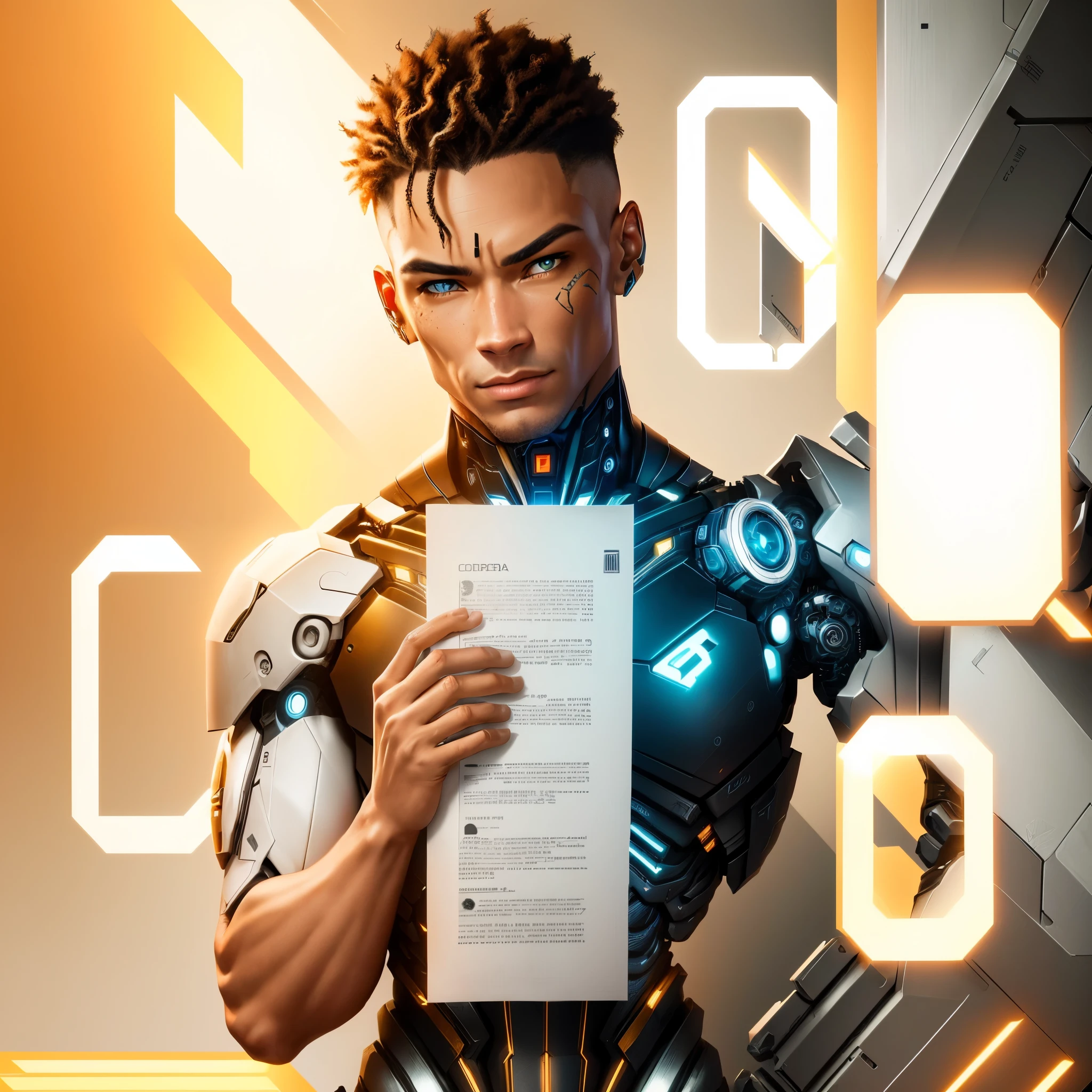 cyborg holding a paper, cinematic, best quality, 4k