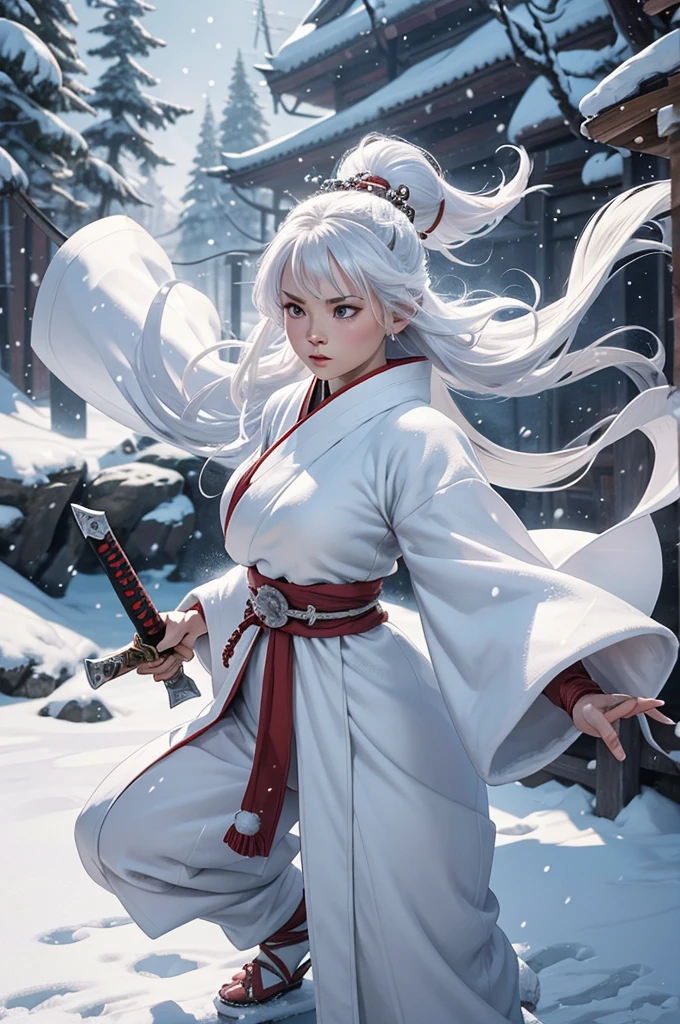 DnD Character Art, Female White Rabbit Folk Monk, Wielding a katana sword, Wearing a winter pattern kimono with white fluffy details, Winter Theme, Icewind Dale, Expressive, Dynamic Pose, Heavy snowy background