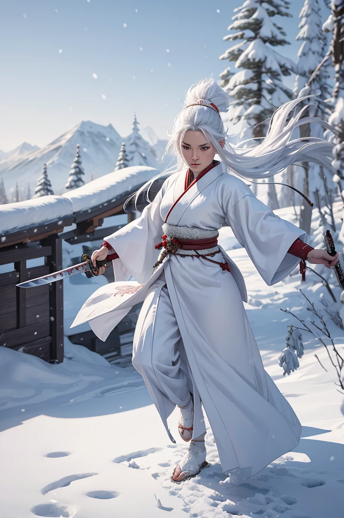 DnD Character Art, Female White Rabbit Folk Monk, Wielding a katana sword, Wearing a winter pattern kimono with white fluffy details, Winter Theme, Icewind Dale, Expressive, Dynamic Pose, Heavy snowy background