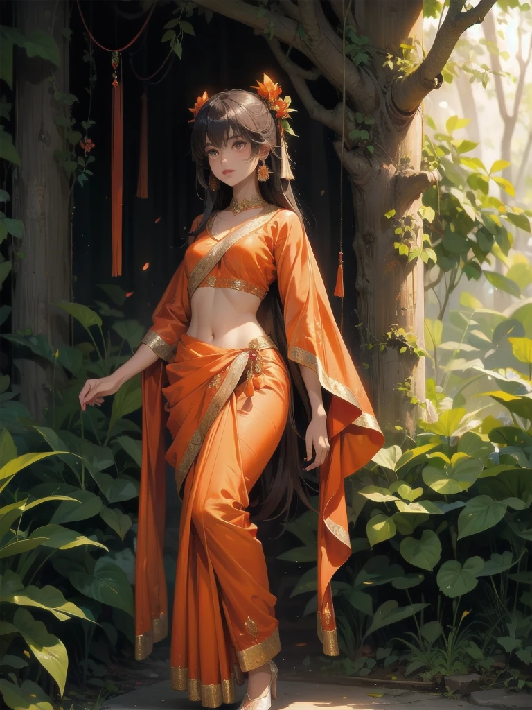 A Sanatani Hindu young woman in vibrant traditional orange Sanatani saree, standing in the midst of a mystical forest, And Hindu temple behind her