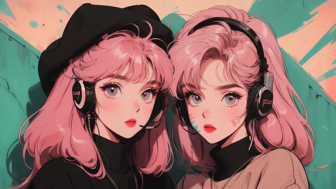 Cute Girls、Hip Hop Clothing、 Pink Hair、Wearing headphones、Alley with graffiti、night、Detailed facial details、Hand details,Ultra HD