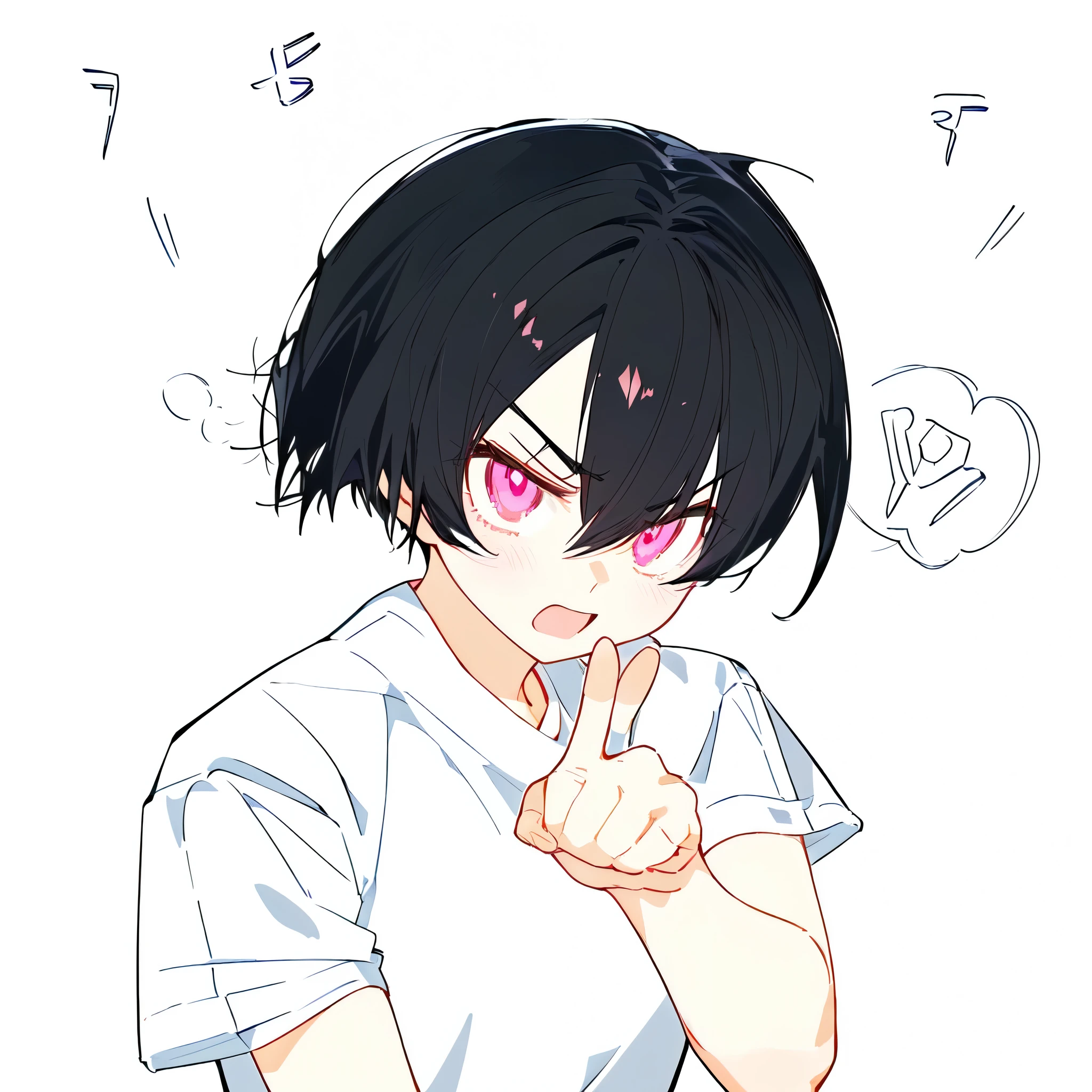 anime boy with black hair and pink eyes with a fist, , fighting pose, with short hair, in an anime style, anime style character, fight pose, in anime style, flat anime style, flat anime style shading, various pose, an angry expression, anime pose, , with index finger, threatening pose, in japanese anime style, 