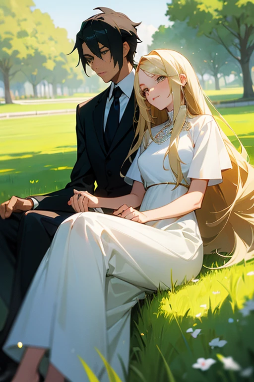 man and woman, Youths,sitting on the grass, relaxed, BLACK HAIR MAN, man in formal clothes, white auras, woman long blonde hair, attractive woman, casual clothes, in a park, detailed, anime style, sunny