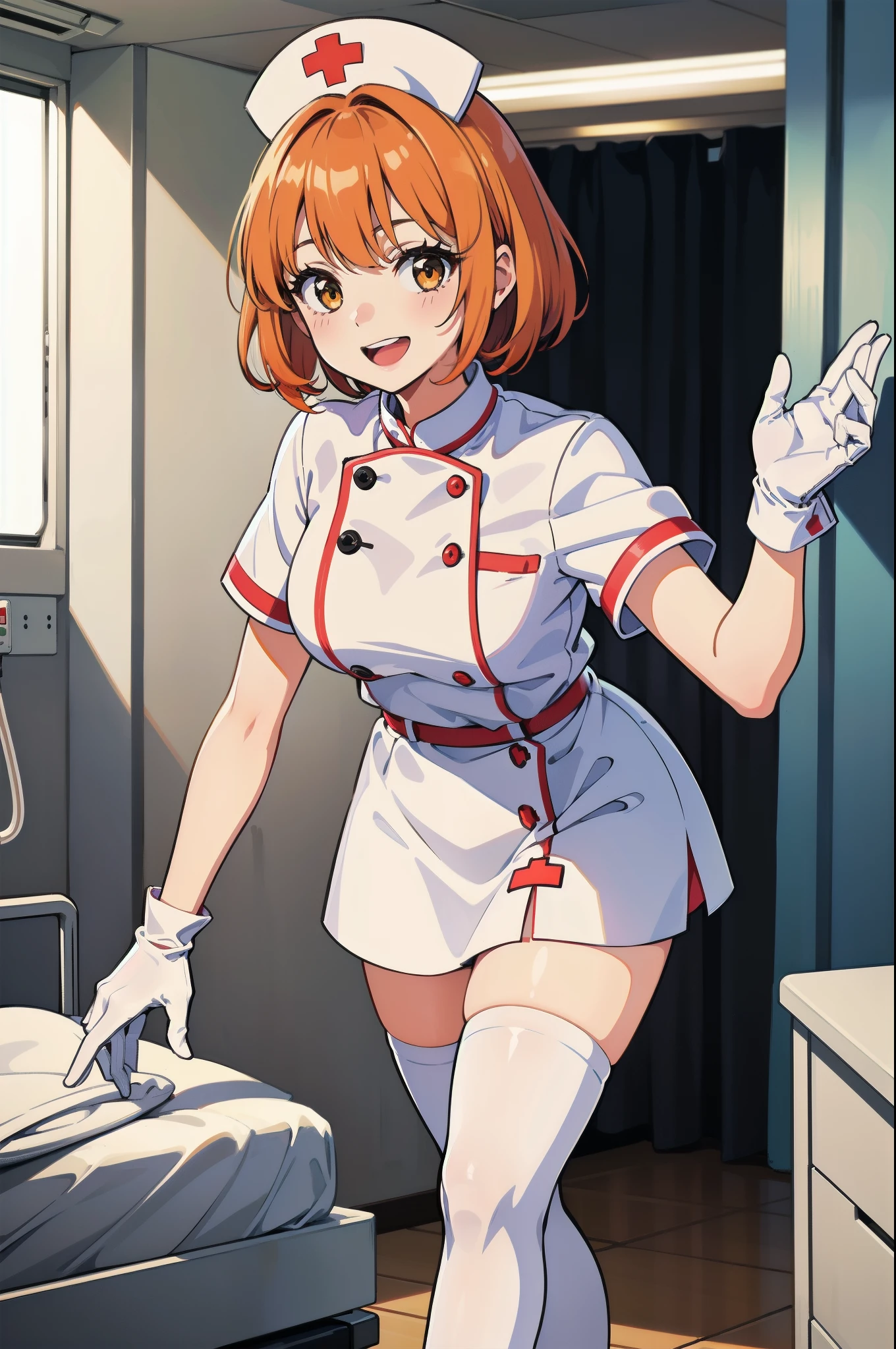 1girl, solo, nurse, nurse cap, white wear, ((white legwear, zettai ryouiki)), white gloves, very short hair, orange hair, smile, open mouth, standing, ((hospital room)), sharp outline, short sleeves, tomboy, boyish, best quality, masterpiece