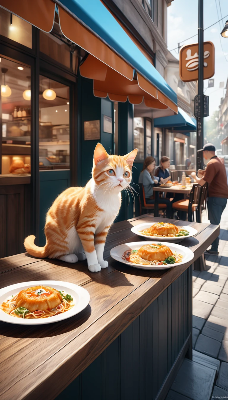 a very thin and crying orange kitten, ordering food in front of a restaurant, photorrealistic, 8k, highy detailed, bright coloured, professional photograpy