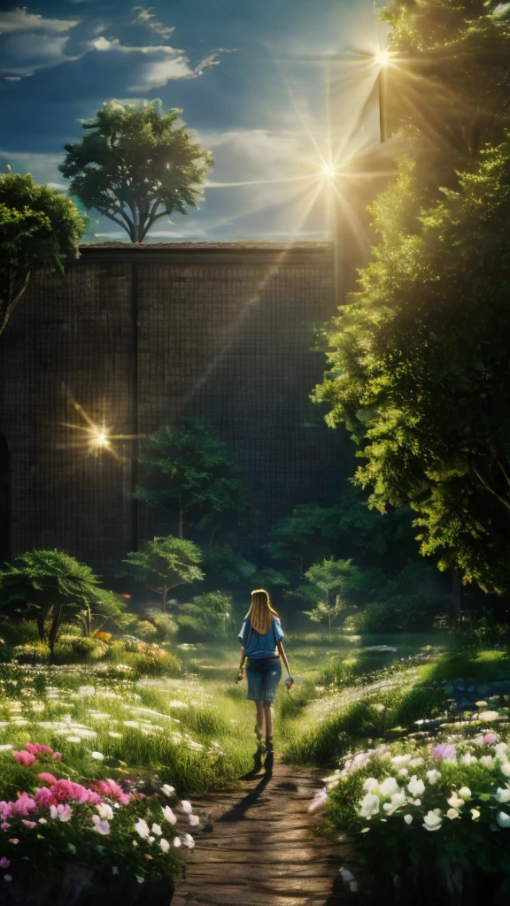 a girl walking with a cow surrounded by flowers, denim shorts, white shirt, farnscape atmosphere, Tube top, straw hat, clouds reaching high in the open sky, golden hour lighting, cinematic, dramatic, hyper-detailed, photorealistic, masterpiece, (best quality,4K,8K,highres,masterpiece:1.2),ultra-detailed,(realistic,photorealistic,photo-realistic:1.37),HDR,uhd,studio lighting,ultra-fine painting,sharp focus,physically-based rendering,extreme detail description,professional,vivid colors,bokeh,landscape,warm color tones, Shoot from a distance so that the background is visible