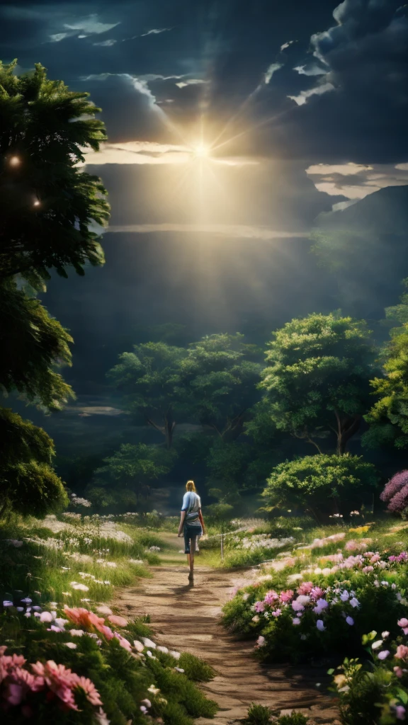 a girl walking with a cow surrounded by flowers, denim shorts, white shirt, farnscape atmosphere, Tube top, straw hat, clouds reaching high in the open sky, golden hour lighting, cinematic, dramatic, hyper-detailed, photorealistic, masterpiece, (best quality,4K,8K,highres,masterpiece:1.2),ultra-detailed,(realistic,photorealistic,photo-realistic:1.37),HDR,uhd,studio lighting,ultra-fine painting,sharp focus,physically-based rendering,extreme detail description,professional,vivid colors,bokeh,landscape,warm color tones, Shoot from a distance so that the background is visible