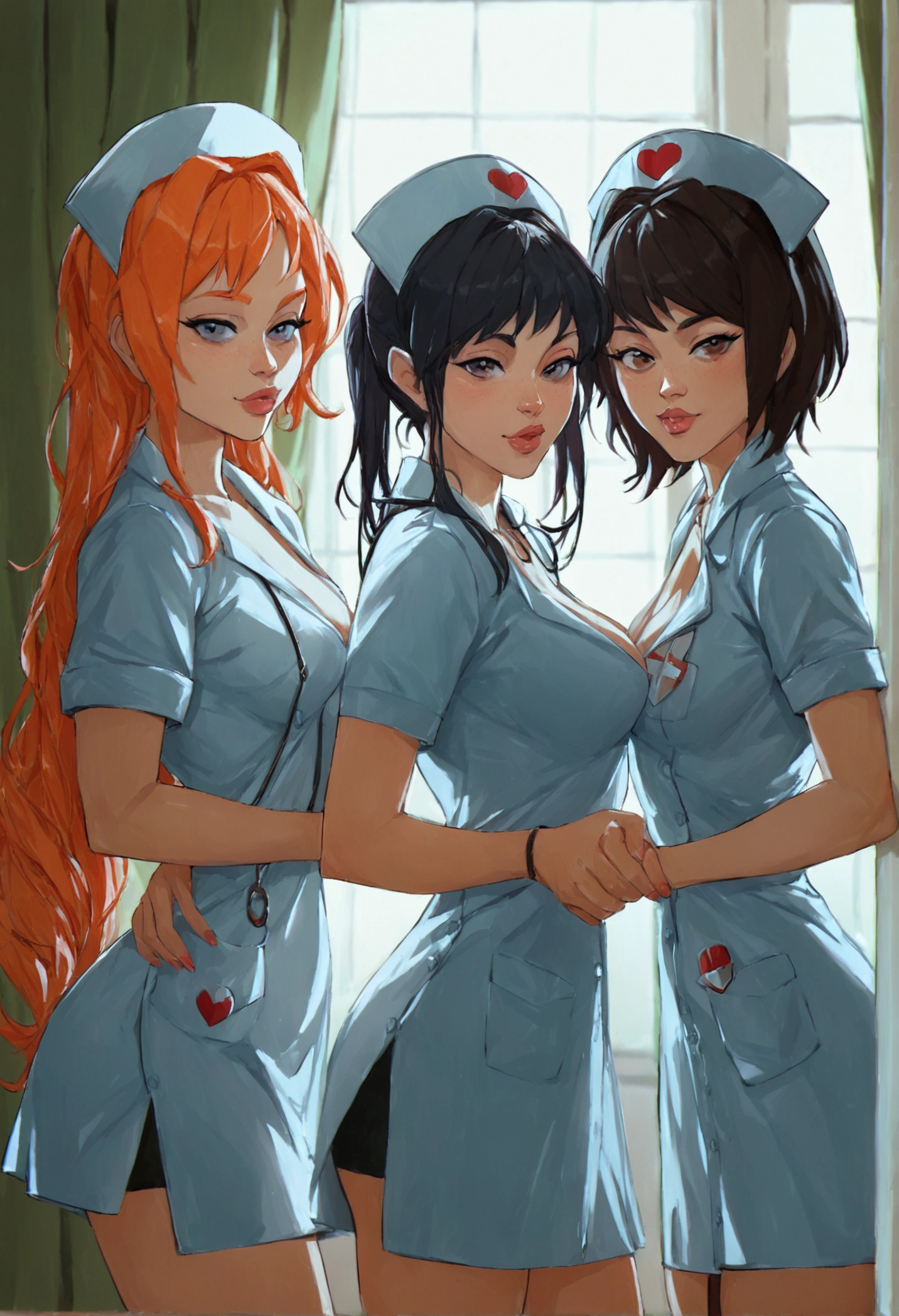 group, harem, three girls, score_9,score_8_up,score_7_up, score_6_up, score_5_up, source_anime, bubblehead nurse, silent hill nurse, naked full body, standing show perfect tits