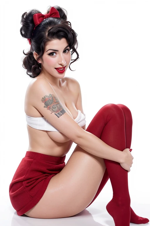 Foto da  pin-up Amy Winehouse, big red lips, eyes large, beautiful sexy and emotional body, She has curly black hair, creating a mysterious and sexy image. fine legs. The model is wearing a white towel with her hair styled in a pin-up style.. "victory rolls" and curly bangs. Her plump red lips make her look sexy. She has average breast size. She portrays a pin-up model, posing in various sexual positions. on a white background, on the legs - red socks. The photo is made in pin-up style, emphasizing the retro-USA vibe. Your lips are folded into an arc, she blows a kiss, adding a special charm to photos. her mouth is open she is laughing in surprise with her mouth open holding a towel in her hand