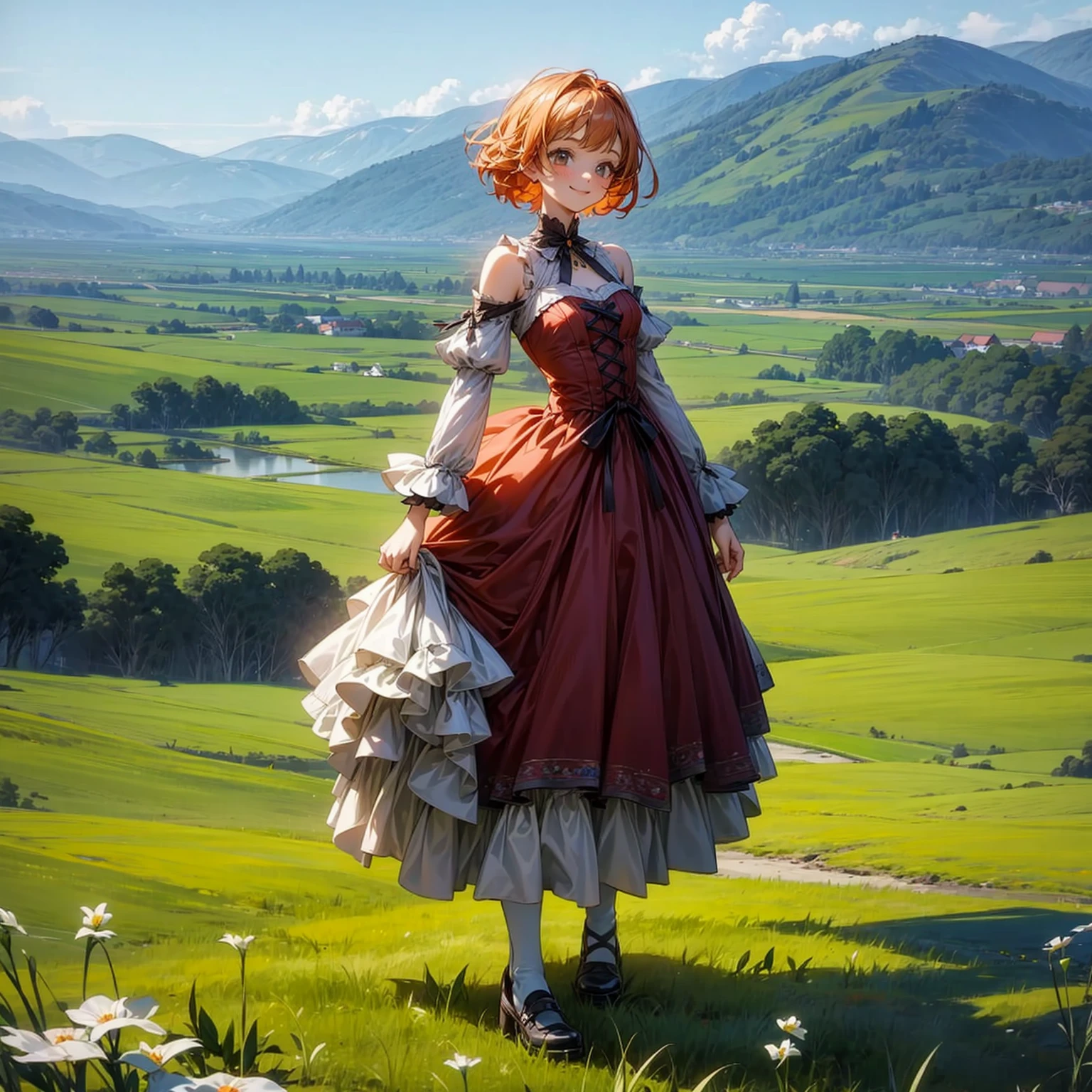 (solo,  girl), (red dress), (victorian dress), (smile), pale skin, (pale), outdoors, small breasts, happy, radiant glow, (cowboy shot), (holy aura), orange hair, ginger hair, bare shoulders, greenlands, open plains for background, (full body version), (one piece style art), (detailed background, detailed clothing)