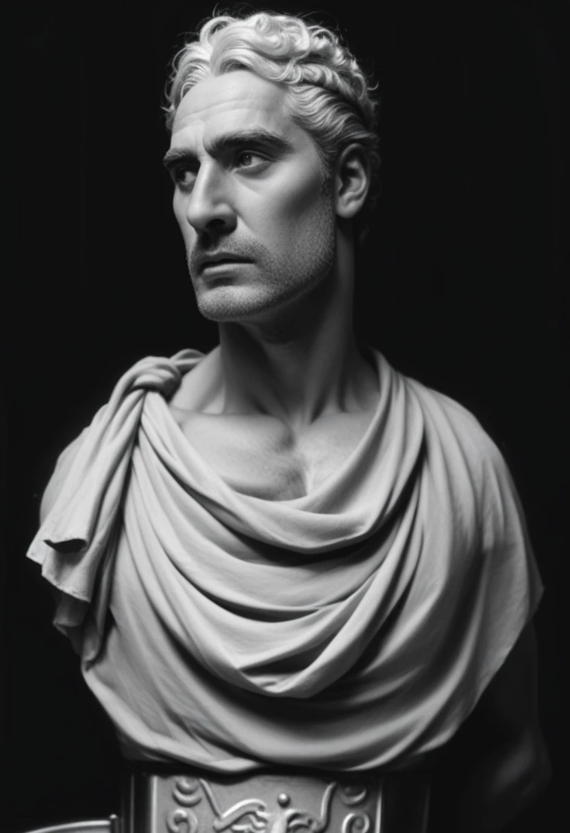 Create an image of Hannibal Barca depicted as a Roman emperor with a stoic and calm demeanor, inspired by classic Roman busts and sculptures. The scene should show him lifting weights in a powerful yet serene manner. The style should evoke the qualities of Roman sculpture, reflecting a stoic attitude similar to that of historical figures like Julius Caesar or Brutus. The image should be in black and white, capturing the essence of ancient Rome while incorporating the unique element of Hannibal Barca engaging in weightlifting