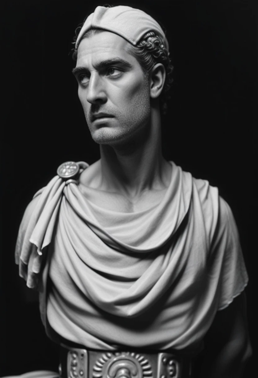 Create an image of Hannibal Barca depicted as a Roman emperor with a stoic and calm demeanor, inspired by classic Roman busts and sculptures. The scene should show him lifting weights in a powerful yet serene manner. The style should evoke the qualities of Roman sculpture, reflecting a stoic attitude similar to that of historical figures like Julius Caesar or Brutus. The image should be in black and white, capturing the essence of ancient Rome while incorporating the unique element of Hannibal Barca engaging in weightlifting