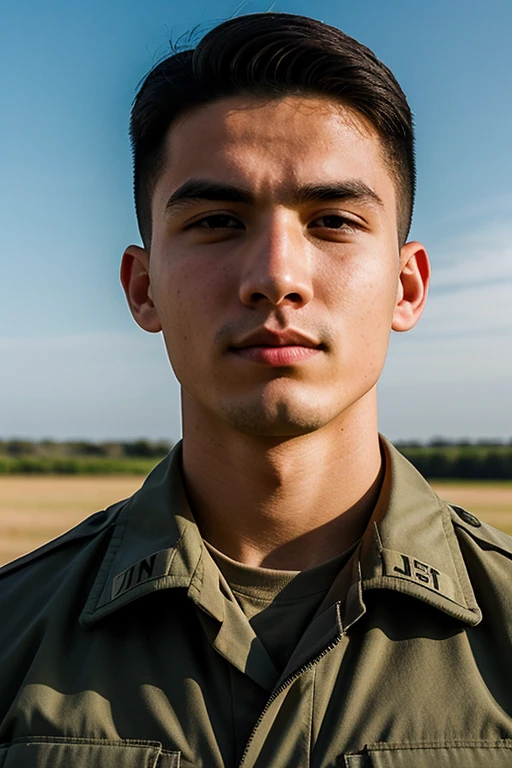 Create an image of a 25-year-old military man calmly watching the sky, reflecting on life.