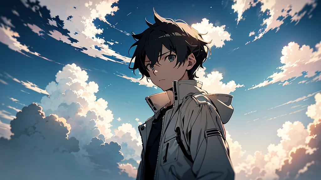 天空Clouds,Clouds:1.3,Looking up,noon,Cold,Cool colors,Lack of light,cloudy day,Telephoto,Simple colors,Looking up,Looking up图,Beautiful anime scene, Beautiful sky. by Shinkai Makoto, ( ( Shinkai Makoto ) ),