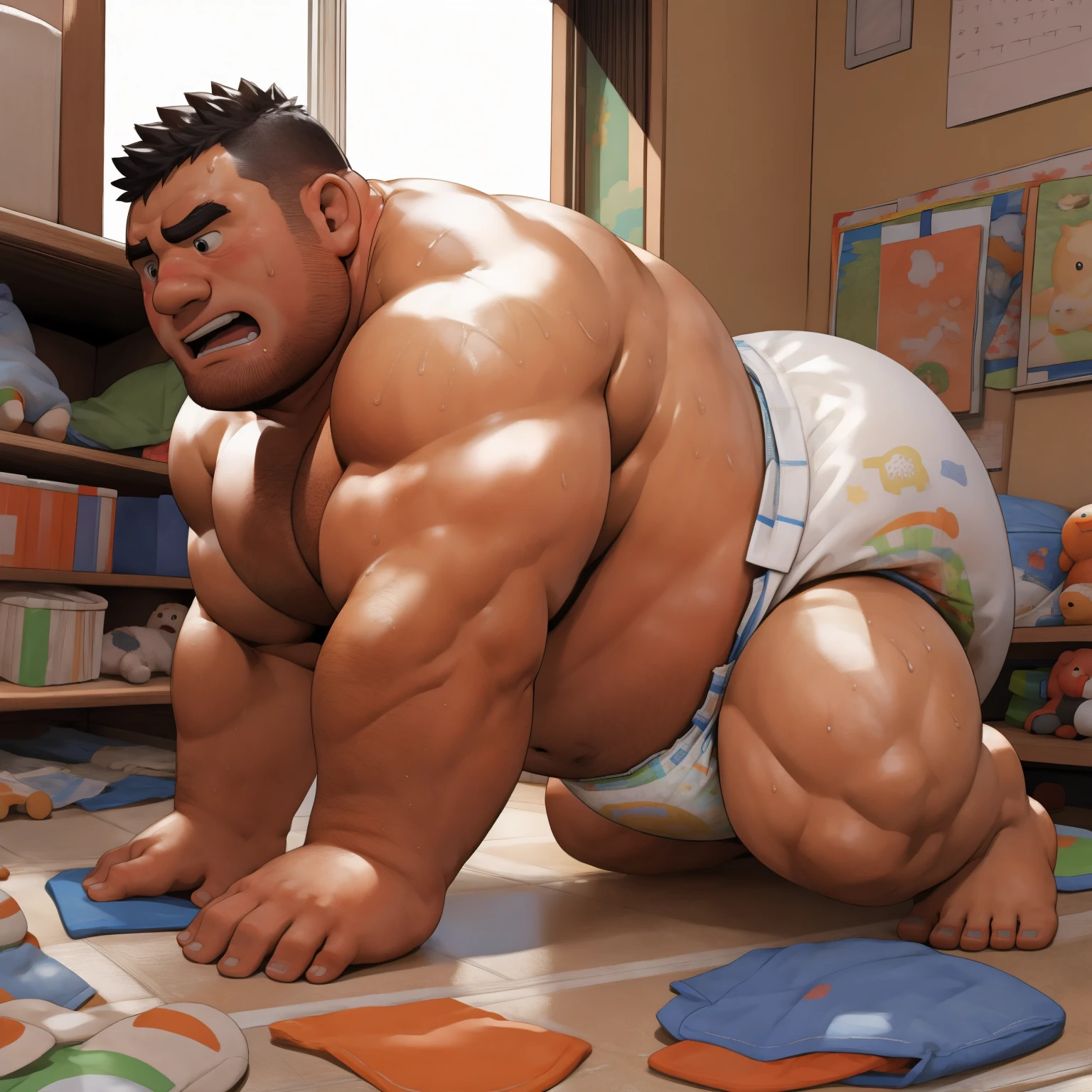 masterpiece, Top quality, in 32K, perfect anatomy, hyper detailed, super fine illustration, The thick man is a brutal prisoner, retarded, hairy human, 50yo in Japan, (fatness: 1.0), Fatty muscle, Bowleg, disappointment, incontinent, be diaper check by children, waddle, There is a small puddle under him, incontinent, Naked, short legs, Bowleg, spread legs, wear a White cloth Diaper, Bare belly, Bare legs, Bare foots, Bare soles, Shirtless, wide forehead and short thinning hair, Man with round face with stubble, Bare foots, Bare soles, shy, sissy, Weaker than children, Drool, Round face, steams, Solo, He enters nursery school and is despised by children, He surrounded by children, His bottom is wet, Bare foots, big butt, he is scolded by the children, White Diaper, He surrounded by children, sobbing, wear a White cloth Diaper, shirtless, There is a small puddle under him, He enters nursery school and is despised by children, big butt, sobbing, He crawling to go to children, on all fours, side view