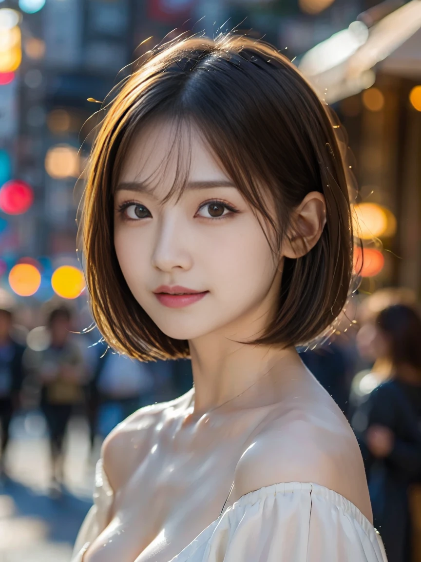 (masterpiece:1.3), (8K, Photoreal, Raw photo, best image quality: 1.4), Japanese high school girl、(random hairstyle:1.2)、cleavage:1.2、super detail face、eye for details、double eyelid、chest to chest、sharp focus:1.2、Beautiful woman:1.4、light brown hair、highest quality、masterpiece、Super high resolution、(Photoreal:1.4)、Highly detailed and professionally lit smiles、white shirt with open chest、shoulder out、thin、serious expression、short haired、deadly position、whole body