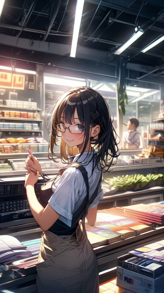 young woman,Facing forward,smile,((Standing inside the cash register)),Touching the cash register machine,Customer Service,((There is a cash register on the table)),(Scanning product barcodes at the cash register)),Supermarket clerk,Wearing an apron,uniform,((Working as a cashier)),((Cashier)),((cashier,register,)),((Receive money from customers)),There are products on the shelves,In the supermarket,Bright interior