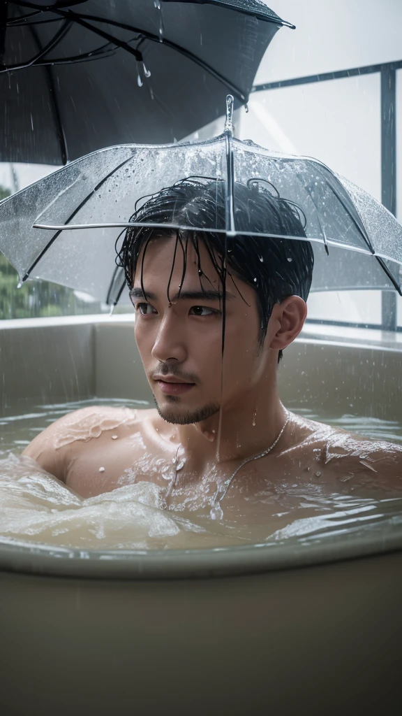 ((highest quality)), ((masterpiece)), (detailed), Perfect Face、"A detailed image of a man wearing clothes, getting wet in the rain, in a bathtub during the day, taken with a cinematic camera, using portrait with cinematic lighting --ar 9:16 --s 1000 --v 6"