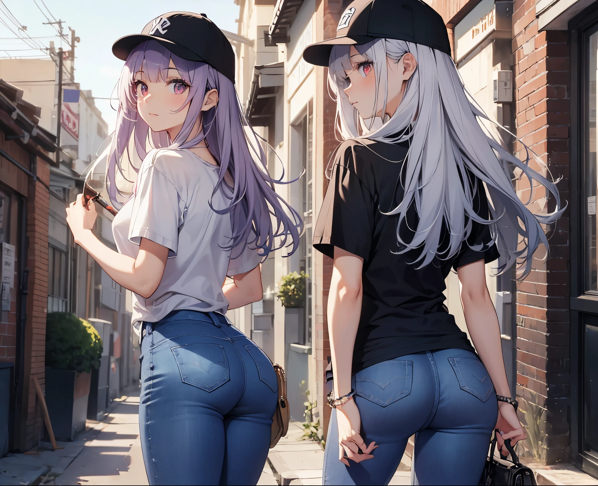 (Close-up:1.3),Realistic,Highest quality, Super detailed, High-quality CG rendering, The most delicate and beautiful, Floating softly, High resolution, (1 girl), (Highest quality,4K,8k,masterpiece:1.2), Light purple hair,(quite long hair:1.5),Red eyes,(Pure white oversized short sleeve T-shirt:1.3),(Black skinny jeans:1.3),(Pure white baseball cap:1.3),In the city,old buildings,Narrow back alley,(Turn your back to your audience:1.3),Butt