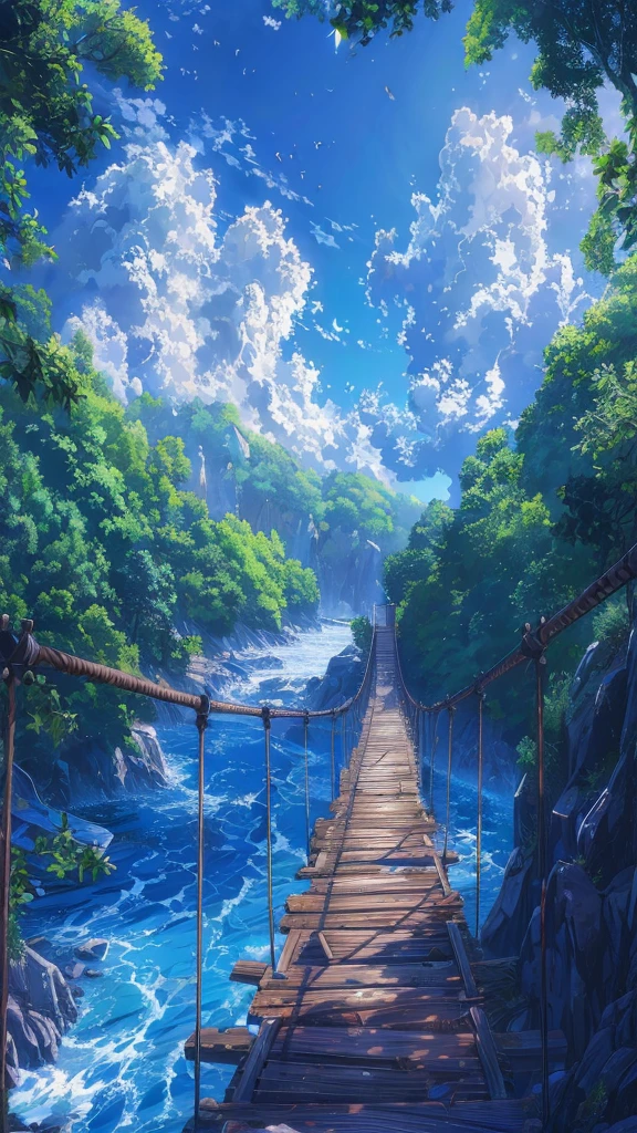 Anime Landscape of a bridge over a river with a sky background with a boy and girl walking far away, beautiful Anime Landscape, Anime Landscape wallpaper, Anime Landscape, Anime Nature, Anime Nature wallpap, Anime Landscape, Anime Background art, Anime Background, Anime beautiful peaceful scene, Beautiful anime scene, Wallpaper Anime Blue Water, Anime rural scenery, Detailed scenery —width 672, Landscape Artwork