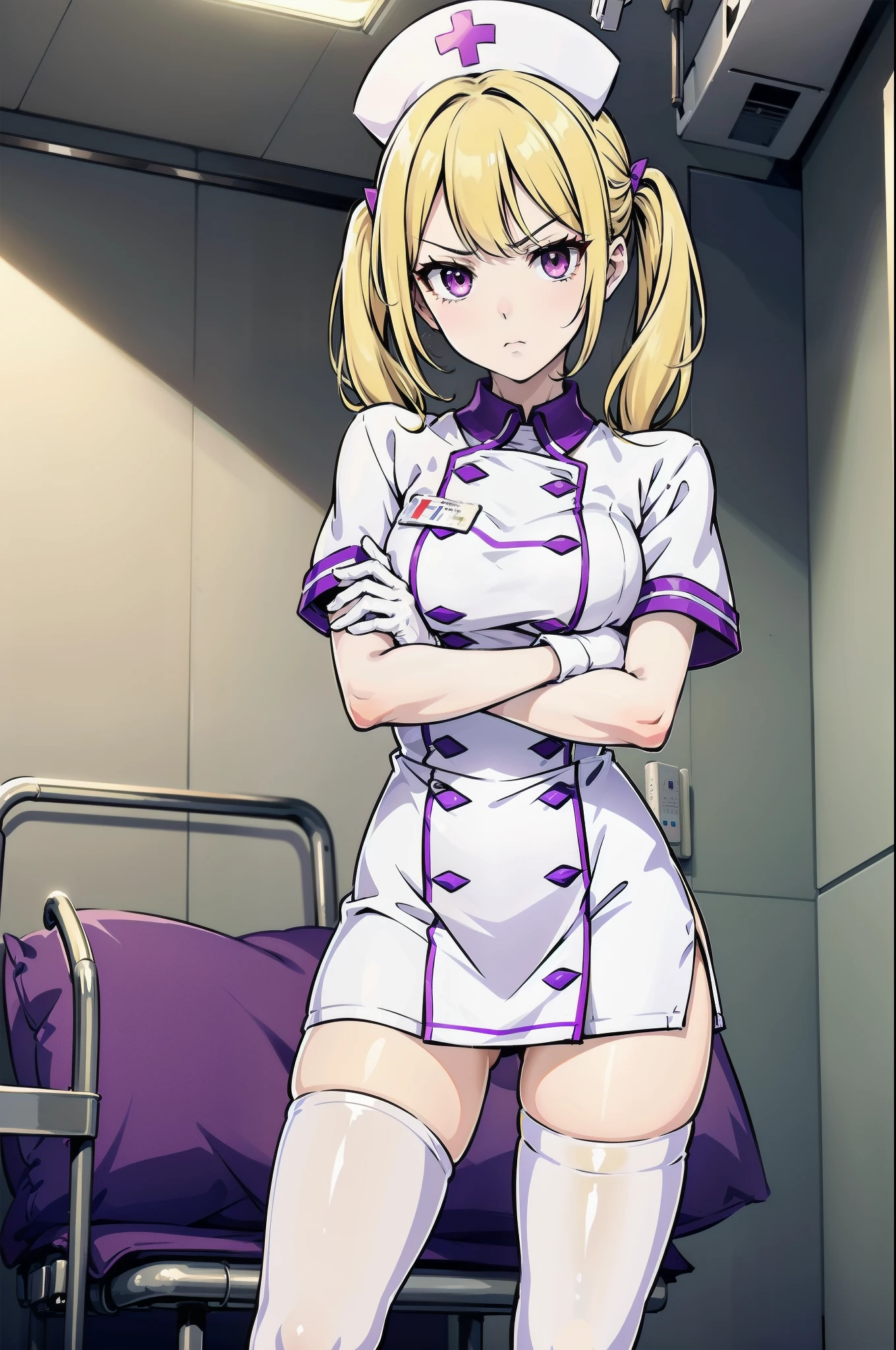 1girl, nurse, nurse cap, white wear, ((white legwear, zettai ryouiki)), white gloves, twintails, yellow hair, purple eyes, angry, crossed arms, standing, ((hospital room)), sharp outline, short sleeves, best quality, masterpiece