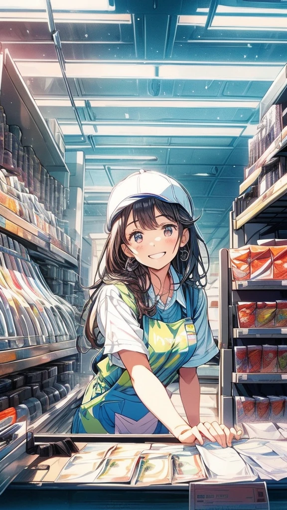 young woman,Facing forward,smile,((Standing inside the cash register)),Touching the cash register machine,Customer Service,((There is a cash register on the table)),(Scanning product barcodes at the cash register)),Supermarket clerk,Wearing an apron,uniform,((Working as a cashier)),((Cashier)),((cashier,register,)),((Receive money from customers)),There are products on the shelves,In the supermarket,Bright interior
