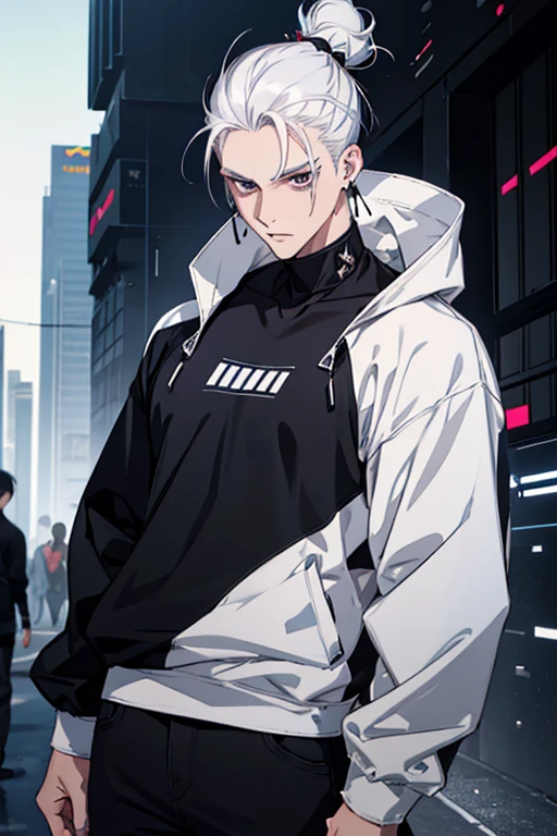 Anime man gradient young white hair low on shaved sides turns hair bun to the left side in the middle serious face with black earrings black sweatshirt Speed jeans futuristic clothes black dark circles under his eyes big black hair big brown hair extremely futuristic clothes futuristic clothes futuristic sweatshirt black skinny jeans male