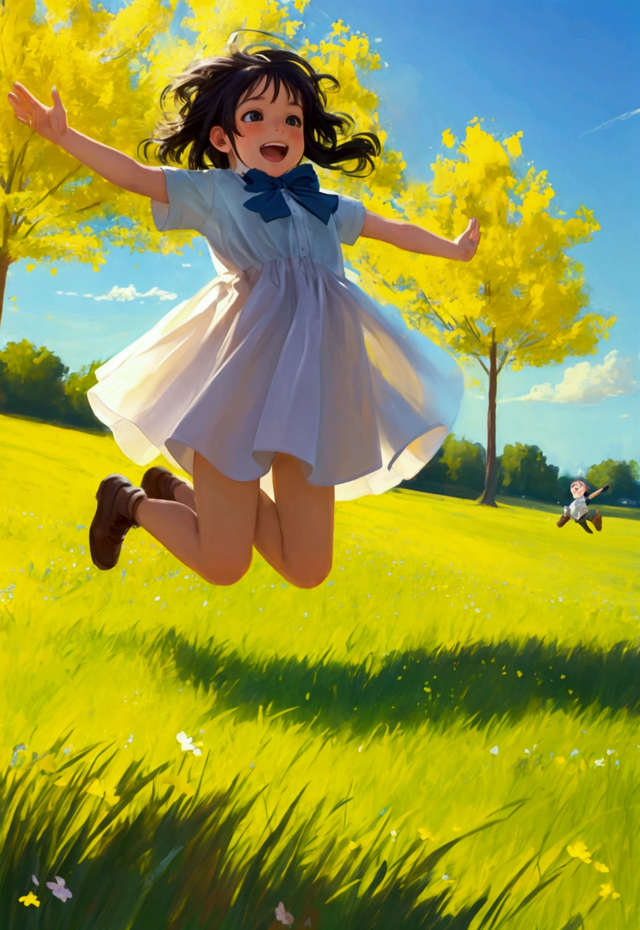 Energetic child jumping for joy in a sunlit meadow, motion blur, vibrant colors, impressionistic style