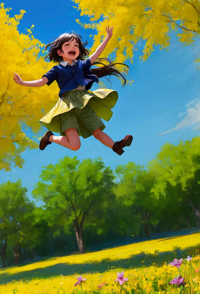 Energetic child jumping for joy in a sunlit meadow, motion blur, vibrant colors, impressionistic style