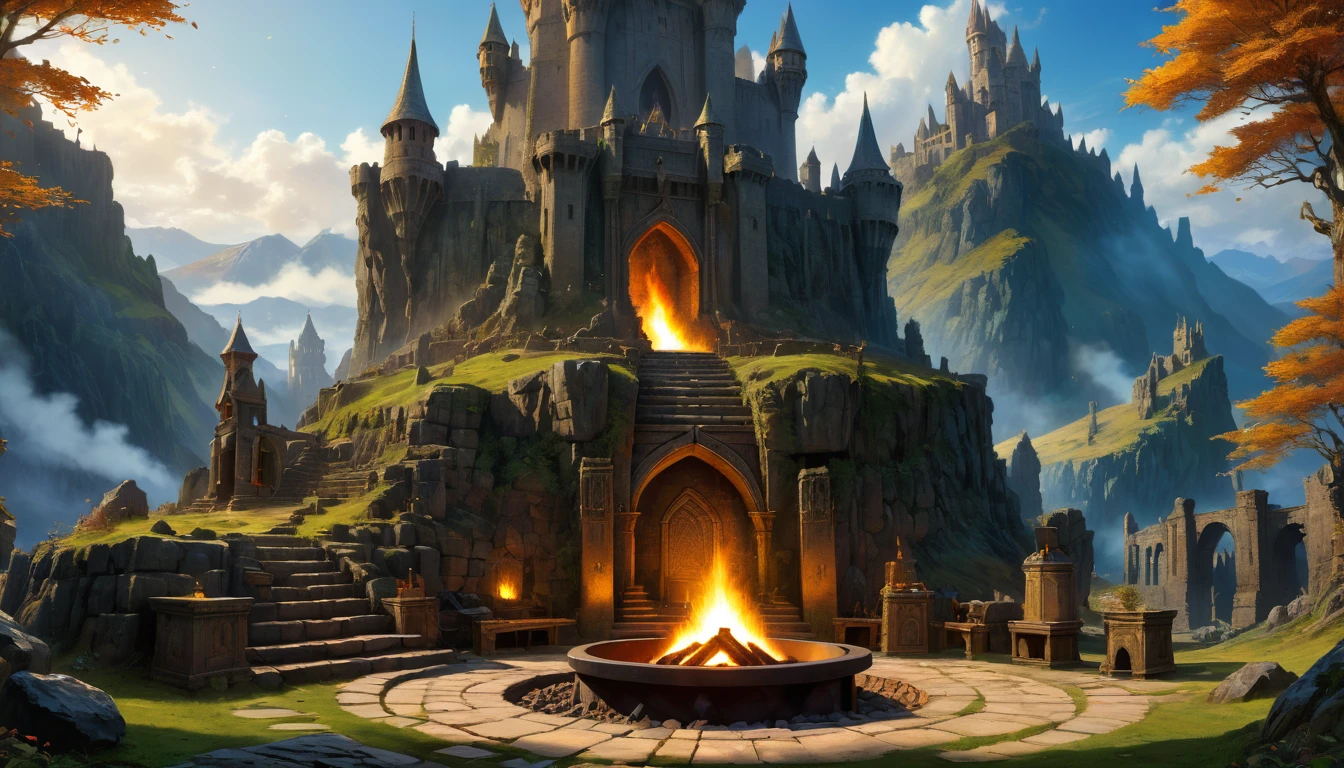 (anime, fantasy, kingdom of heaven), (best quality, highres, HDR:1.2), a fire pit in the middle of a mountain with a castle in the background, stone colossus remains, the entrance of valhalla, irori fireplace, dwarven architecture, iron smelting pits, stunning arcanum backdrop, giant grave structures, ancient brass dwemer ruins. dramatic lighting, vibrant color, detailed landscape, intricate, ethereal beauty, From Brian Froud and Carne Griffiths and Wadim Kashin and John William Waterhouse, 8K post-production, high resolution, hyperdetailed, depth of field, HDR, intricate