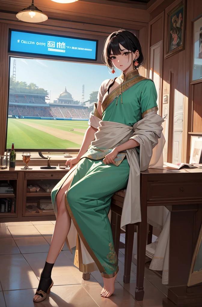masterpiece, Highest quality, With a man watching the India vs Pakistan match on a large TV、Cola bottle on a table。