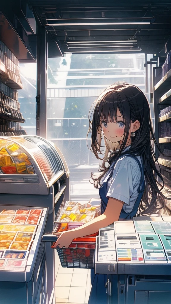young woman,Facing forward,smile,((Standing inside the cash register)),Touching the cash register machine,Customer Service,((There is a cash register on the table)),(Scanning product barcodes at the cash register)),Supermarket clerk,Wearing an apron,uniform,((Working as a cashier)),((Cashier)),((cashier,register,)),((Receive money from customers)),There are products on the shelves,In the supermarket,Bright interior