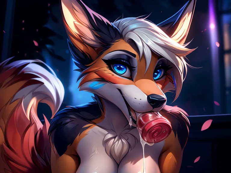 by meridian, (((woman, breasts, antrum, extremely detailed, extremely detailed legs, extremely detailed arms, extremely detailed face, perfectly detailed eyes, perfectly detailed anatomy))): 1.2, meridian_(bonifasko), anthro, female, fox, red fur, red body, very short white hair with a long piece of hair over the eye, purlple eyes, eyelashes, long fox ears, high definition, good anatomy, yellow body, yellow fur, simple background, highly detailed face, multiple tails, dark lighting, moody lighting, full body, sexy body, slanky body, sexy face, nice, hot, cute, night, blushing, friendly smile, smile, friendly, elegant, dark, mysterious, alluring, beautiful, NSFW, on knees, looking up at viewer, first person view, oral sex, blowjob, canine penis, penis in mouth, cum in mouth, giving oral sex to viewer