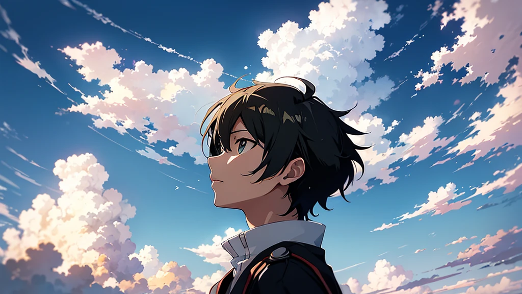 Sky clouds:1.3,summer,Looking up,noon,sunny,noon,Lack of light,cloudy day,Telephoto,Simple colors,Looking up,Looking up图,Beautiful anime scene, Beautiful sky. by Shinkai Makoto, ( ( Shinkai Makoto ) ),