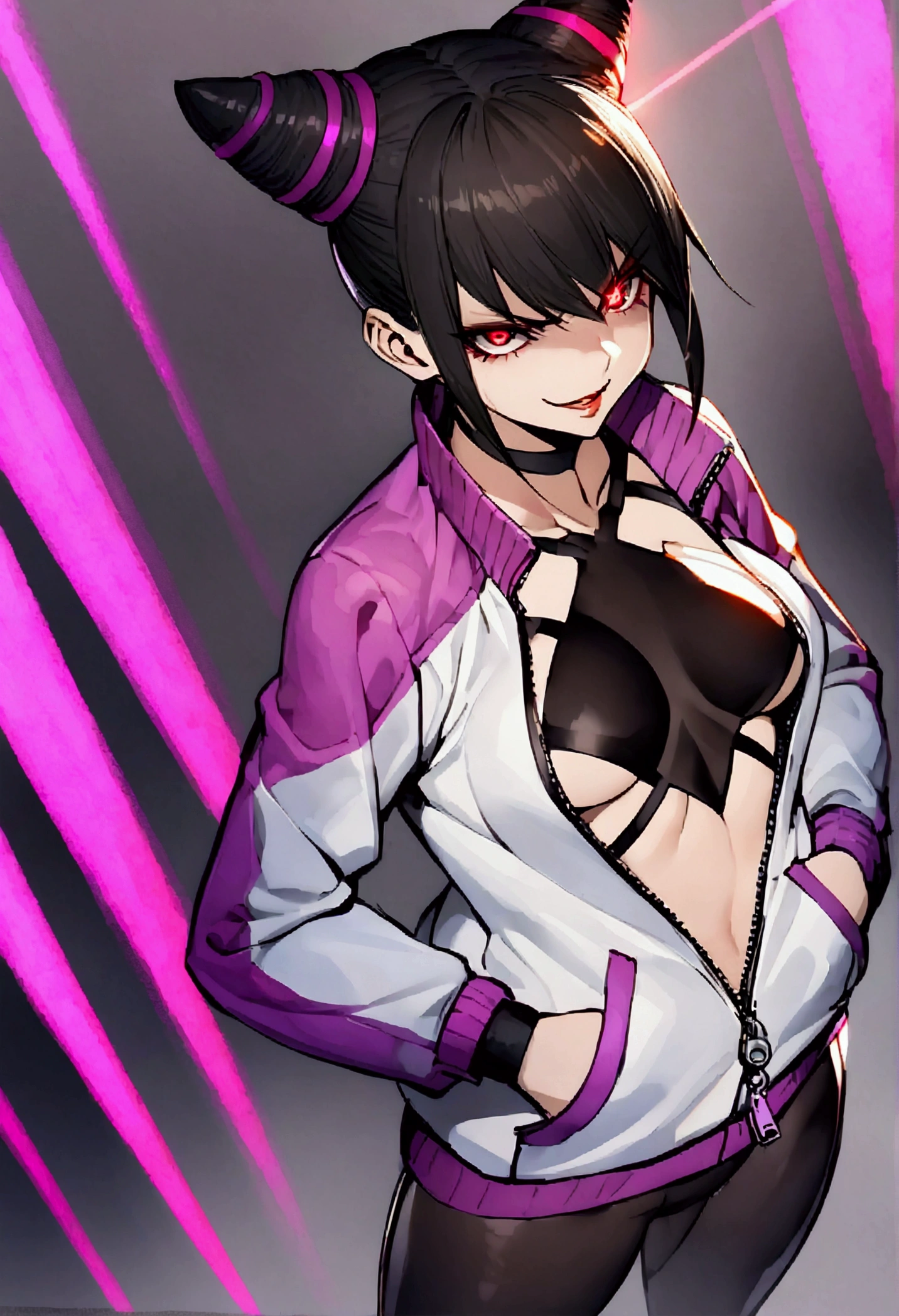 beautiful young fitness woman with , in a gym wearing May with black pantyhose, tight white and purple gym jacket. standing alone,hair horns,red eyes glowing,Evil smile,legging preto ,labiaa,dark eye shadow,shining eyes,hands in our pockets,neckleace,jacket zipper half open