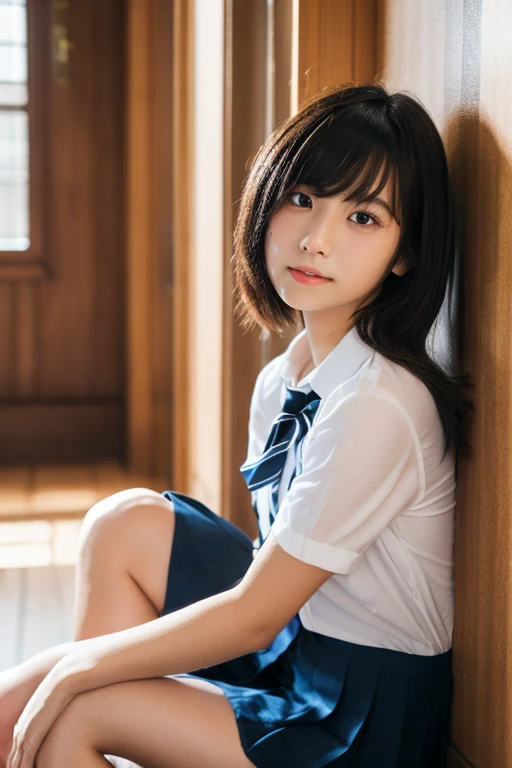 lens: 135mm f1.8,(Highest quality), (Cute 14 year old Japanese girl), (Moisturized lips), Narrow eyes, double eyelid,Delicate clavicle,Flat Chest,Black Hair、Mr...々Hairstyle、,
(Let me me me me'Let me me me'Let me me'Let me'Let's take another look), shame, Open your mouth a little,
(Stylish rooms:1.2), Professional Lighting,
(school uniform), (Sunburned skin:0.2),Full body photo、Full Body Focus、Natural skin texture、She is kneeling on the floor