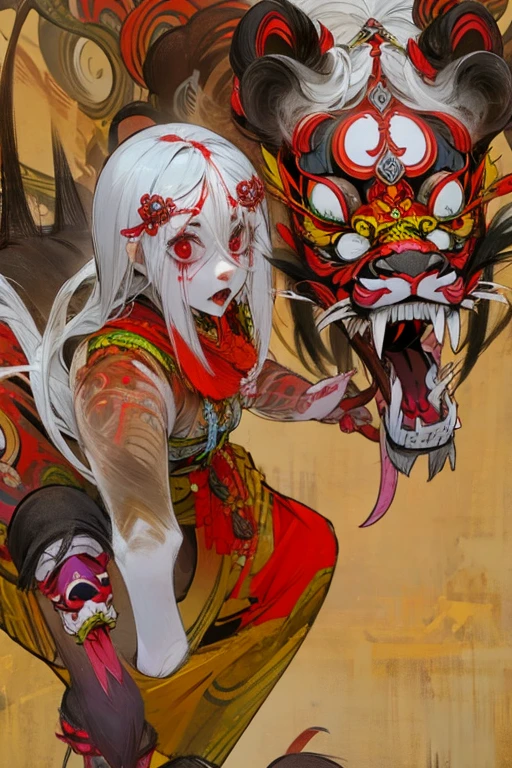 ((Girl wearing lion dance costume)), ((festival)), ((night、Laser Light)), Creepy, (Horror elements), Creepy , (primitive art), old picture scroll style,Ancient mural style
、Japanese painting