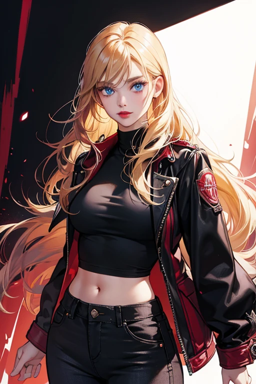 Girl, blue eyes, slightly red lips, blond hair, artwork, loose black pants, vinotinto top, lots of lighting, black jean jacket.