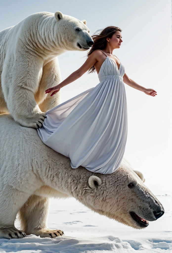 magazine cover, side view, a woman in a long dress jumping forward next to a hug polar bear with , white solid background, Leica S3, prime lens --style raw --ar 9:16 --v 6.1 --personalize i8zf419