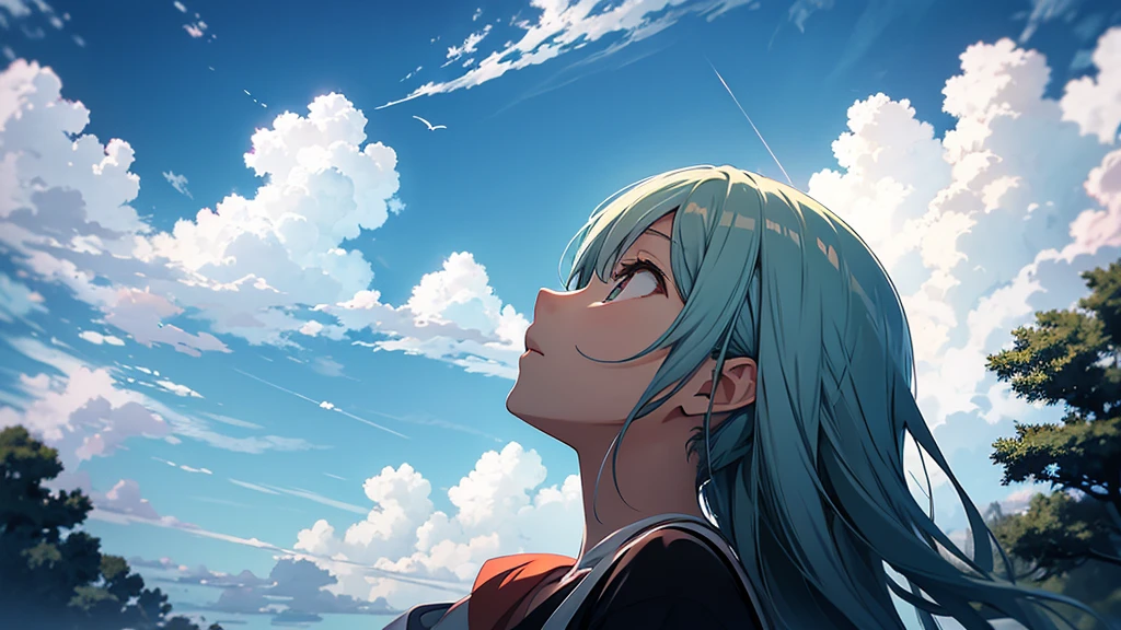 Sky clouds:1.3,summer,Looking up,noon,sunny,noon,Lack of light,cloudy day,Telephoto,Simple colors,Looking up,Looking up图,Beautiful anime scene, Beautiful sky.