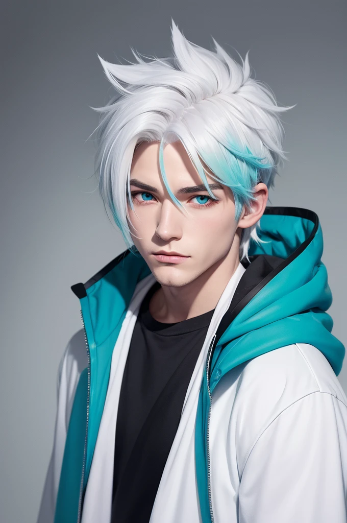 Male character cartoon drawing, White hair with a soft gradient that turns to cyan blue at the ends, One eye is aqua green and the other is blood red., fox ears, A black and white jacket with fine line details, The jacket has a hood and is worn over a white t-shirt, white background