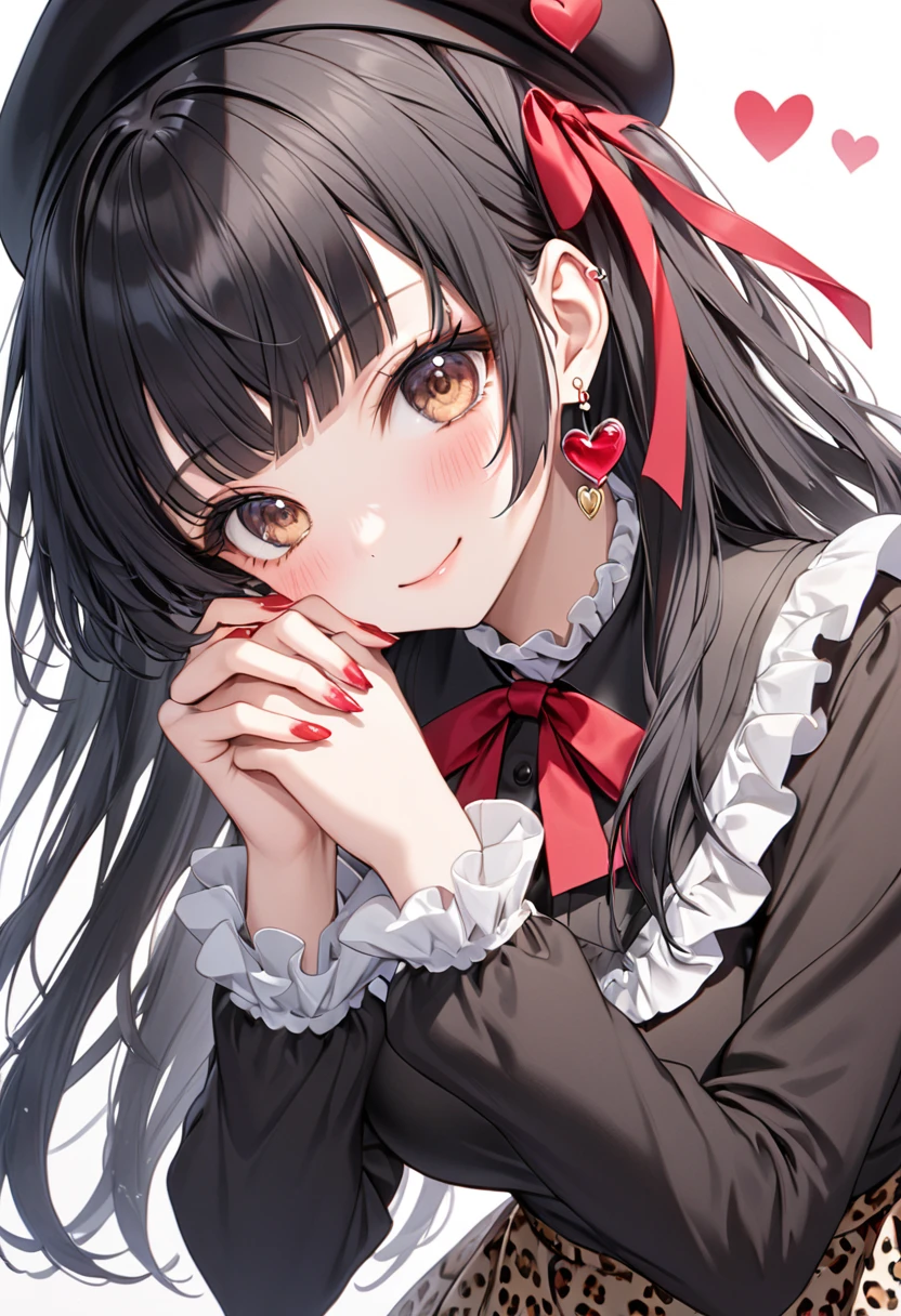 mayuzumi fuyuko, 1girl, solo, black hair, hat, jewelry, long hair, looking at viewer, bangs, earrings, skirt, white background, smile, shirt, simple background, heart earrings, long sleeves, heart, black headwear, black shirt, frilled choker, breasts, brown eyes, choker, blunt bangs, upper body, beret, medium breasts, brown skirt, frills, nail polish, ribbon, red nails, closed mouth, animal print, blush, frilled sleeves, leopard print, neck ribbon, own hands together