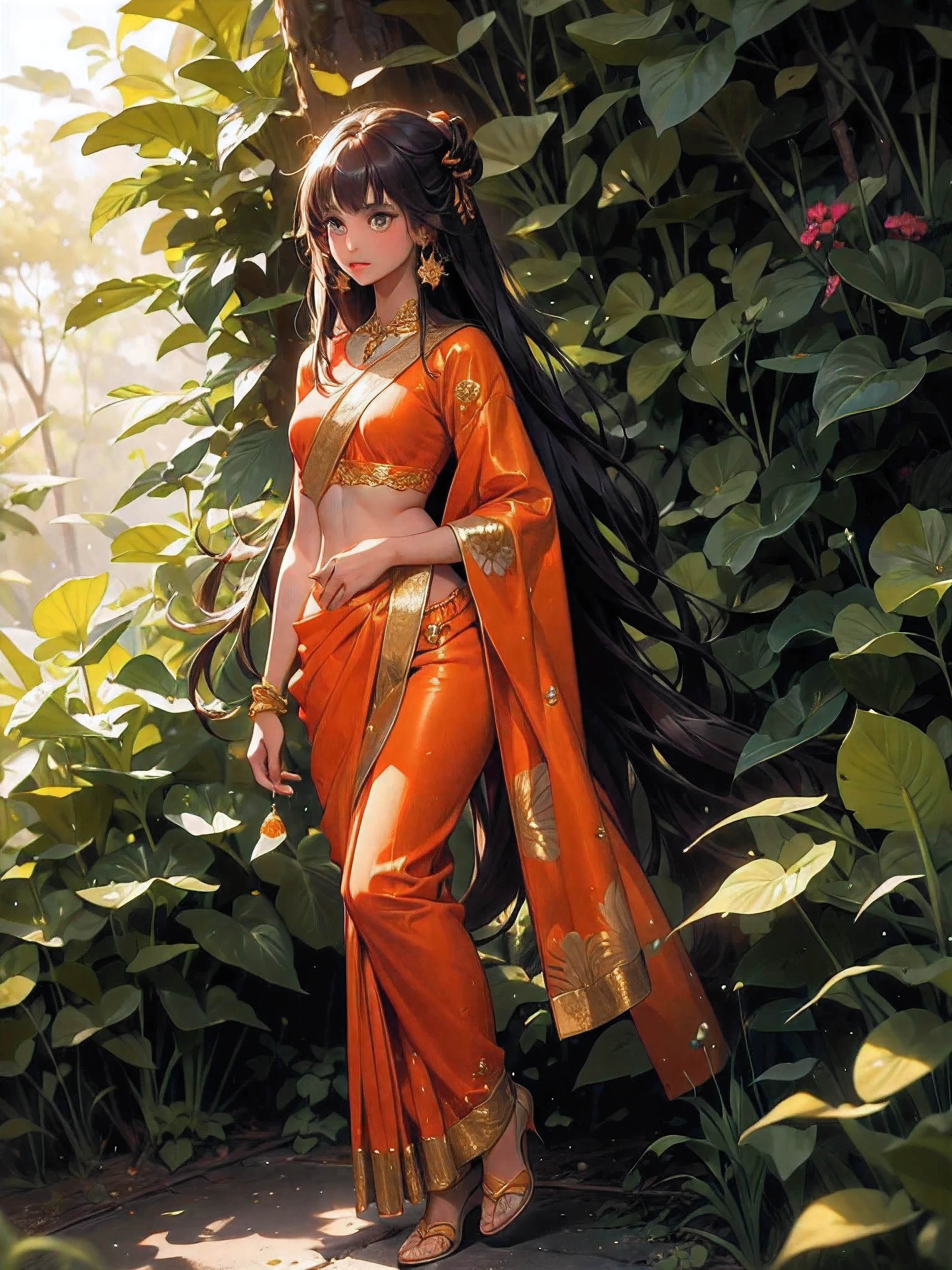 A Sanatani Hindu young woman in vibrant traditional orange Sanatani saree, standing in the midst of a mystical forest, And Hindu temple behind her