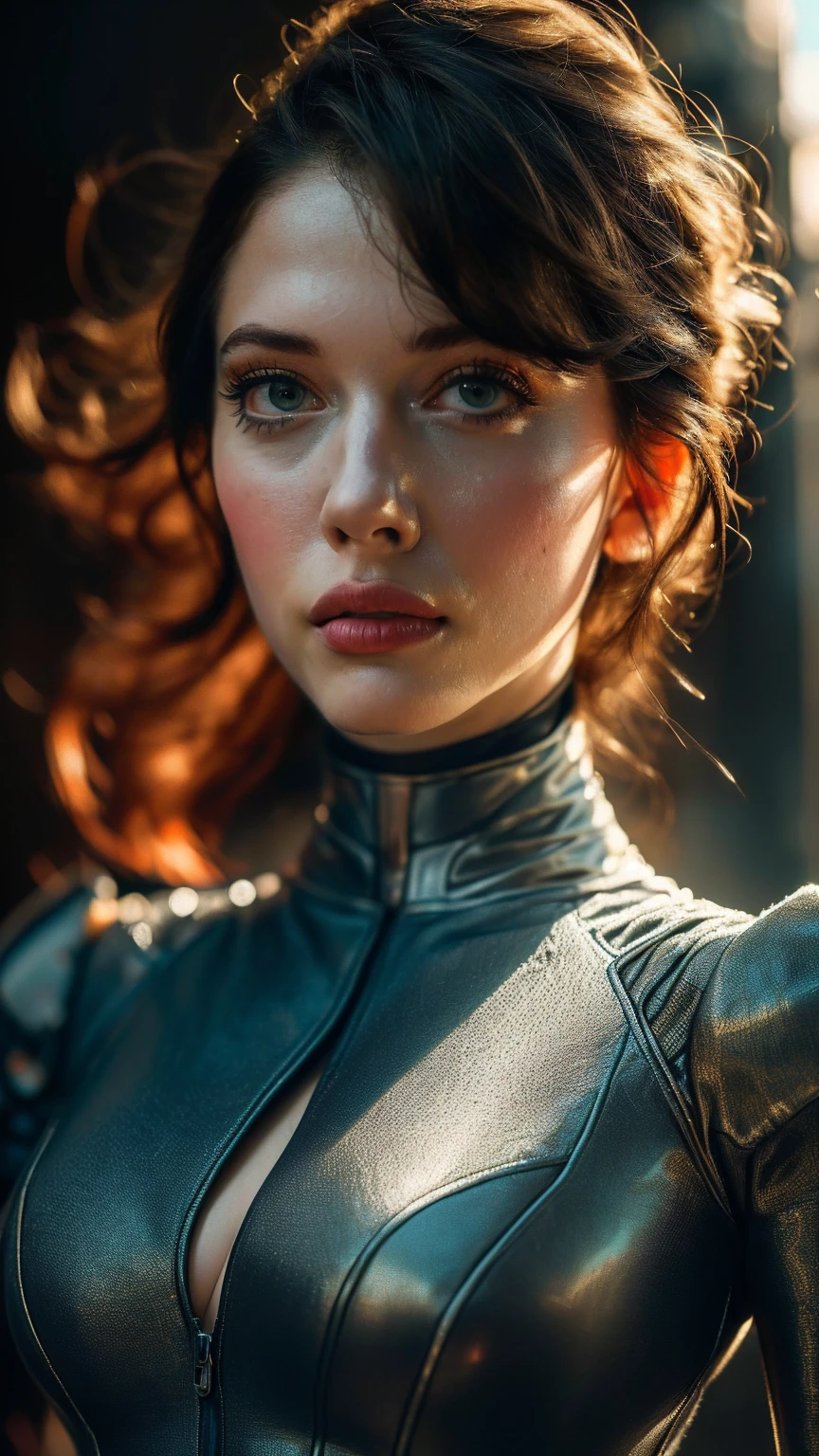 (((ultra realistic))) Photo, masterpiece, top quality, (pale skin), (Ultra detailed face and eyes:1.3), 1 girl, Kat Dennings , In Lifchik, ((Eye makeup, navy blue mascara)), ((large detailed lips)), ((dark wavy hair)), ((Stylish hairstyle)) , (Natural cleavage in dark-red bodycon dress:1.2), Slim waist, photoshoot, Harsh sunlight in lighting, (The play of light and shadows), depth of field, bokeh, (special attention to skin detail: 1.2), Detailed leather texture, skin pores. (Color range - delicate, Bright, amber and teal tones), UDR, ((Film grain)), ((rays)), (Glare), ((full up portrait, close to the camera)) , ultra detailed space scene,
