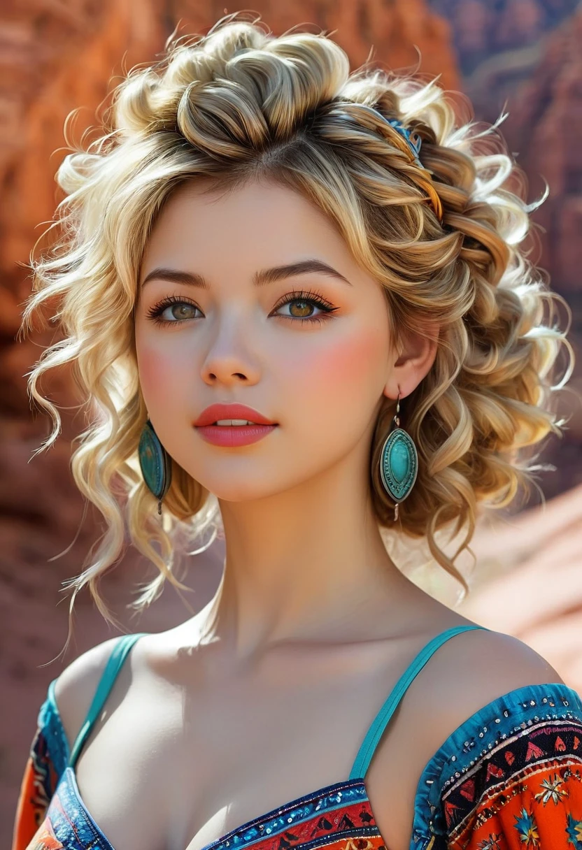 Beautiful boho women stunning merge of Masiela Lusha with colorful southwestern style dress. colorful southwestern earing and. jewelry, blond colored hair that is coarse, wiry, and tightly curled. It often has a rough texture, feels stiff to the touch, and may be prone to frizz and tangling. The curls can be densely packed. cute, girly, sexy. The Official Art – An Award-Winning Digital Masterpiece In 4K Ultra HD, Extreme Detail And Intricate Realism. symmetrical face. This Concept Art Brought To Life By The Hands Of Artists Like Wlop & Artgerm In A Stunning 2D Vector Illustration. large, perky, full, vuluptious, symmetrical and spherical breasts. Background is a beautiful panoramic vista of a red rock canyon.
