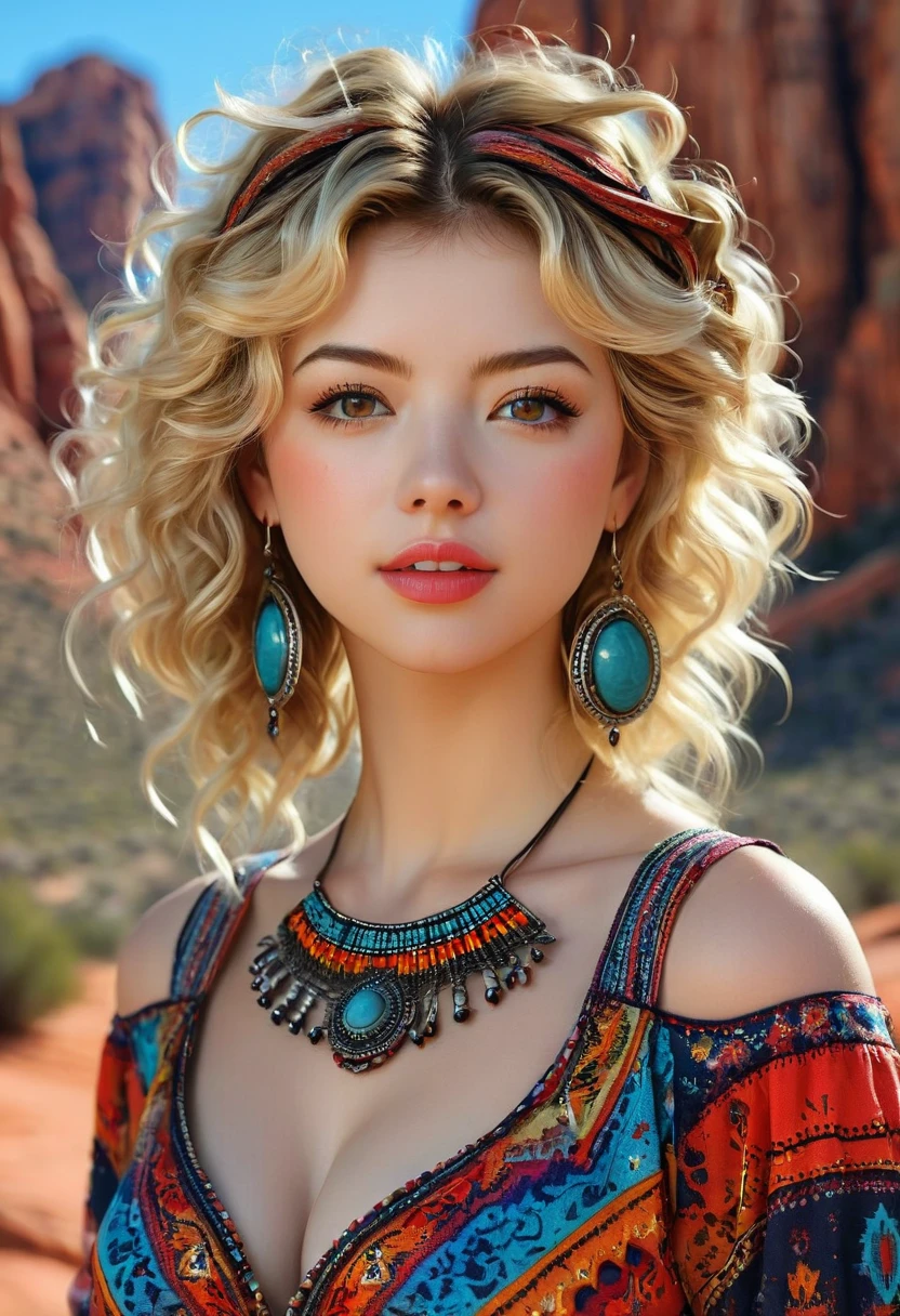 Beautiful boho women stunning merge of Masiela Lusha with colorful southwestern style dress. colorful southwestern earing and. jewelry, blond colored hair that is coarse, wiry, and tightly curled. It often has a rough texture, feels stiff to the touch, and may be prone to frizz and tangling. The curls can be densely packed. cute, girly, sexy. The Official Art – An Award-Winning Digital Masterpiece In 4K Ultra HD, Extreme Detail And Intricate Realism. symmetrical face. This Concept Art Brought To Life By The Hands Of Artists Like Wlop & Artgerm In A Stunning 2D Vector Illustration. large, perky, full, vuluptious, symmetrical and spherical breasts. Background is a beautiful panoramic vista of a red rock canyon.
