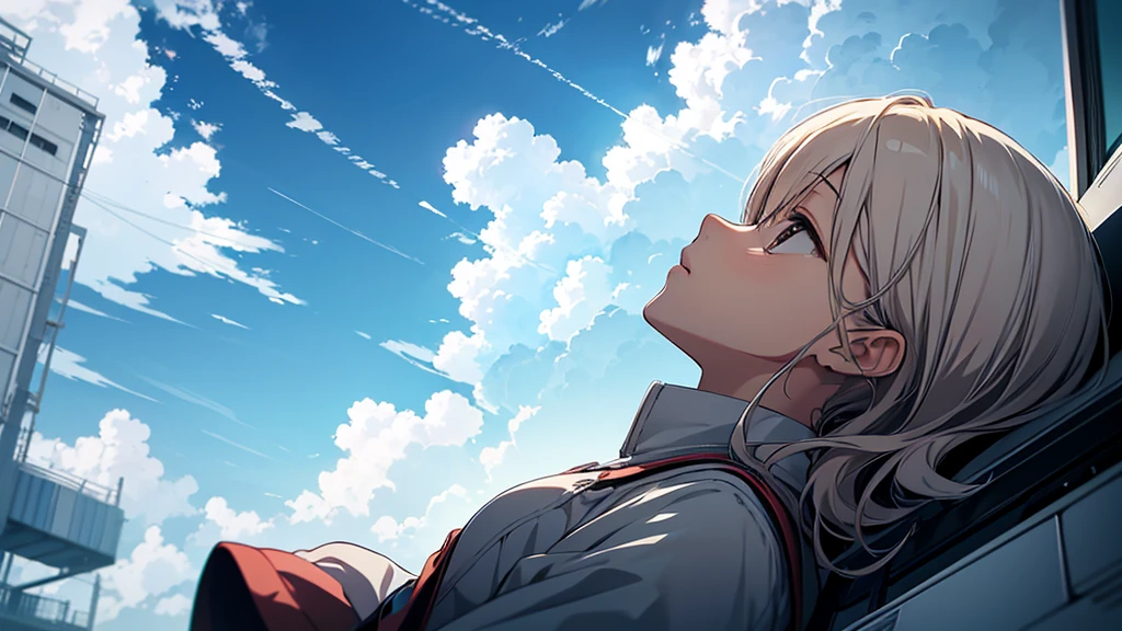 Sky clouds:1.3,summer,Looking up,noon,sunny,noon,Lack of light,cloudy day,Telephoto,Simple colors,Looking up,Looking up图,Beautiful anime scene, Beautiful sky. ,Empty Space,nobody