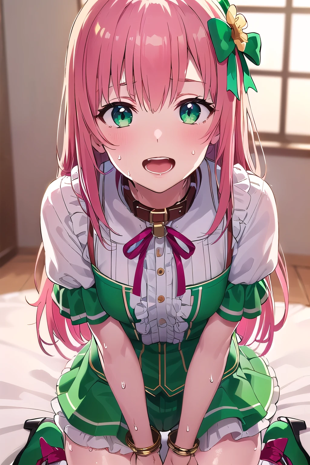 (8K, top-quality, masterpiece:1.2), (reallistic, Photorealsitic:1.37), Super Detail, One girl,), (Highly detailed), (beautifully detailed eyes), (of the highest quality), (super detailed ), (masterpiece), (Detailed face),20yr old, ,1 girl, ((pink hair,long hair)), medium breasts, clothed, Perfect Lighting, BREAK, (fantasy:1.1), (whimsical, magical:1.2), (emerald green, bright color shiny bodysuit:1.3), (tight, frilly:1.4), (bows, ribbons:1.4), (brown floral, small pattern:1.3), (blouse, short sleeves:1.3), (terracotta glossy knee-high socks:1.3), (green pumps ribbon accent:1.3), (gold delicate jewelry:1.2), BRAKE, (upper body to thighs:1.1), (long wavy hair, pink:1.1), (smiling, cute:1.2), (facing forward:1.1), (dynamic pose:1.2), (blurred white background:1.1), (soft lighting:1.1), (Flower hair ornaments:1.2) , BRAKE (sweat:1.5), (steam:1.2), (masturbation:1.2), (girl trembling with sexual climax:1.1), (looking at viewer:1.3), (open mouth:1.2), (Chains that cling to the body: 1.2), (Collar: 1.3), (Bracelet: 1.3)